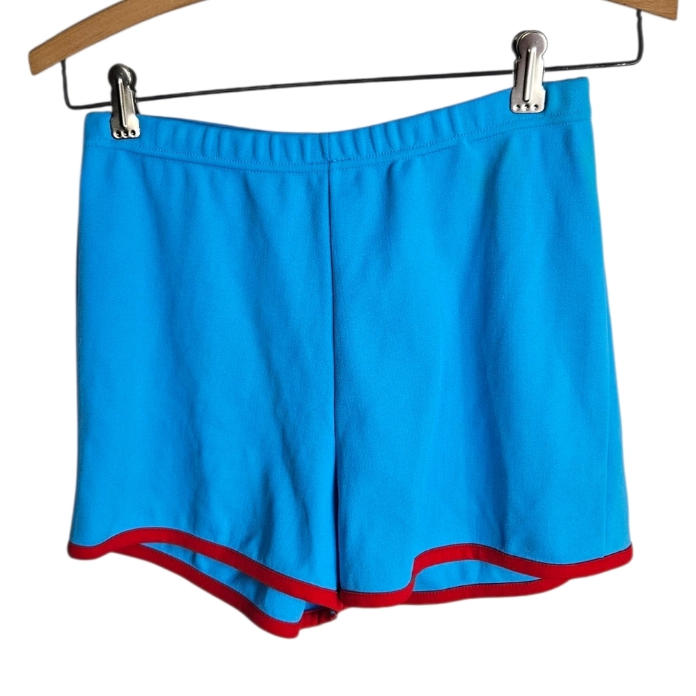 Vintage Women's Teal Running Shorts with Red Trim, Medium